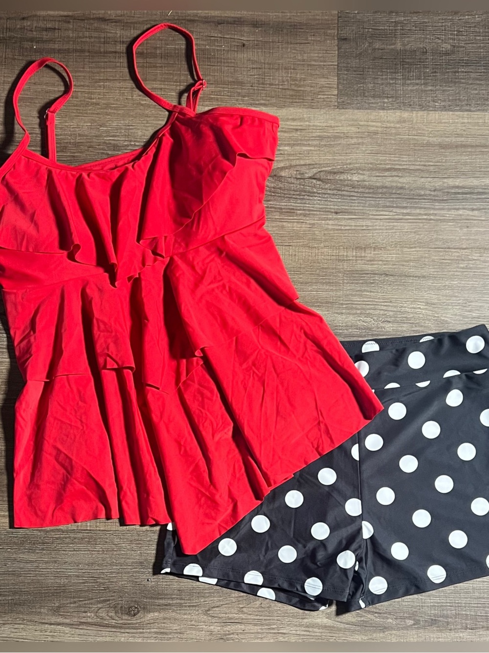 I2CRAZY Red Ruffle Tankini Top with Black & White Polka Dot Swim Shorts